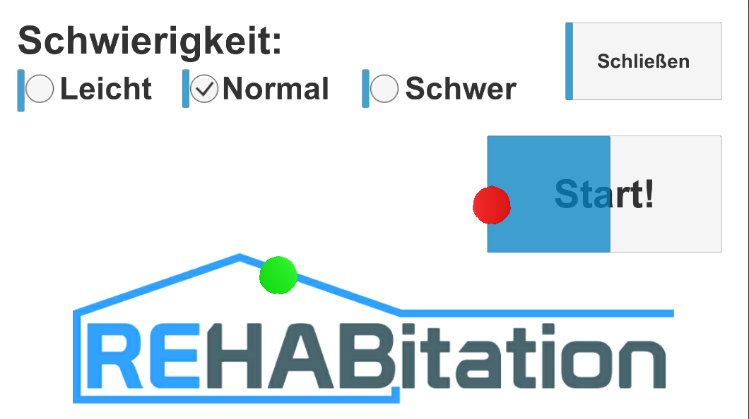 REHABitation - Start Bildschrim eines Trainingsspiels mit Auswahlmöglichkeiten des Schwierigkeitsgrades (Basis Kinect V2)
